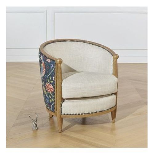 Fauteuil Tonneau En Chêne, Lin Naturel Et Tissu Carole