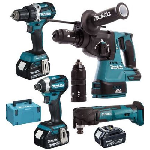 Makita - Pack 4 outils 18V (DDF484 + DTD154 + DHR243 + DTM51) + 3 batteries 5 Ah + chargeur + coffret MAKPAC - DLX4109TJ - Gris