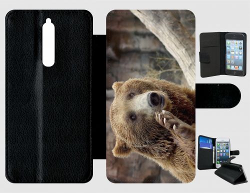 Etui à rabat nokia 8 - gros ours brun - simili-cuir - noir