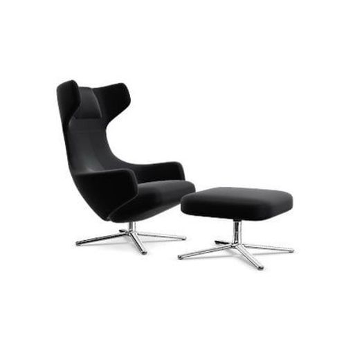 Fauteuil Grand Repos & Ottoman Nouvelle Édition - Aluminium Poli - Cuir Premium F Nero - Hauteur Du Siège 45 Cm