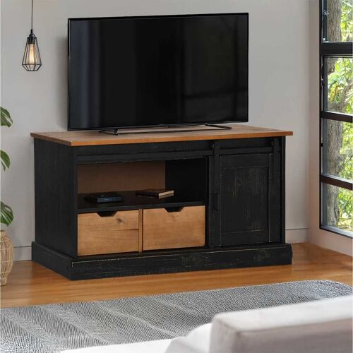 vidaXL Meuble TV HALDEN porte coulissante noir 110x40x60cm bois massif