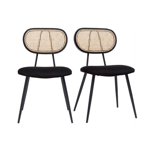 Chaises Design Noires En Tissu Velours, Métal Et Cannage Rotin Naturel (Lot De 2) Tolma