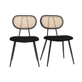 Chaises Design Noires En Tissu Velours, Métal Et Cannage Rotin Naturel (Lot De 2) Tolma