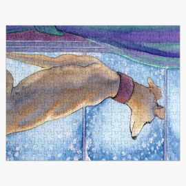 Puzzle en bois Un chien lévrier est assis au chaud et regarde la neige tomber à l'extérieur 300 pièces 38x26 cm jouet décoration m