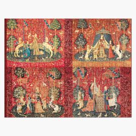 Puzzle en bois QUATRE HISTOIRES DE DAME ET DE LICORNE, Fleurs fantastiques, Animaux, Collection florale rouge et verte 300 pièces 38x26 cm jouet décoration mura