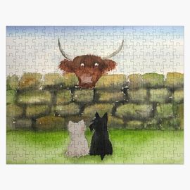 Puzzle en bois Chien Scottie, Westie Terrier, vache Highland « Highland Boo » 300 pièces 38x26 cm jouet décoration mu
