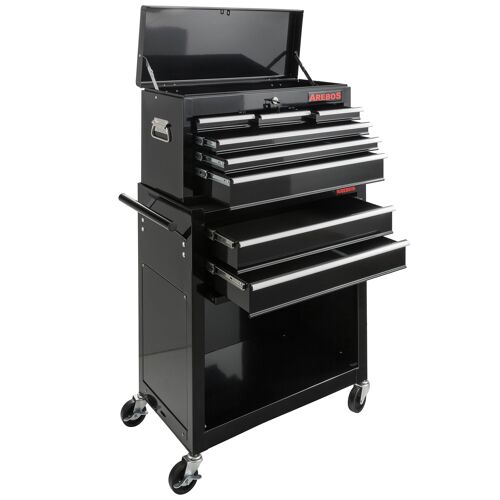 AREBOS Servante datelier à 9 tiroirs | Tapis antidérapants | Chariot avec Caisse à Outils Amovible | Verrouillable | sur roulement à Billes | Freins darrêt | 4 Couleurs (Noir)