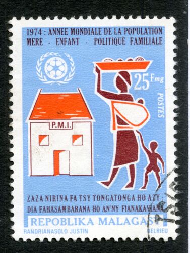 Timbre Oblitéré Repoblika Malagasy, 1974 Année Mondiale De La Population Mère Enfant Politique Familiale, 25 Fmg, Postes