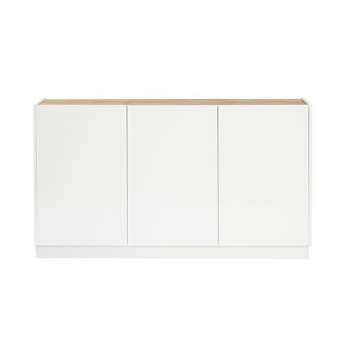 Buffet Design Blanc Laqué Brillant Et Bois Clair 3 Portes L155 Cm Nelio