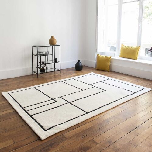Tapis 100% Laine Écru À Motifs Noirs Tissé Main 140 X 200 Cm - Bergen