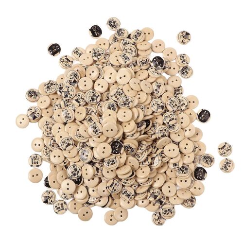 500pcs Boutons En Bois 2 Trous Rond Décoratif Dessin Animé Chat Impression Assortiment De Boutons En Bois Pour Enfants Vêtements Sac Artisanat 15mm Original Couleur Noir Ligne Chat