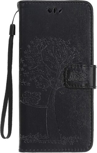 Iphone 11 Case, Flip Antichoc Pu Cuir Gaufré Hibou Wallet Couverture magnétique pour Iphone 11 avec support de visualisation porte-carte, noir