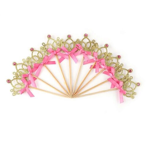 10Pcs Crown Cake Cupcake Topper avec ruban Bowknot Party Anniversaire Dessert Décoration (Or)