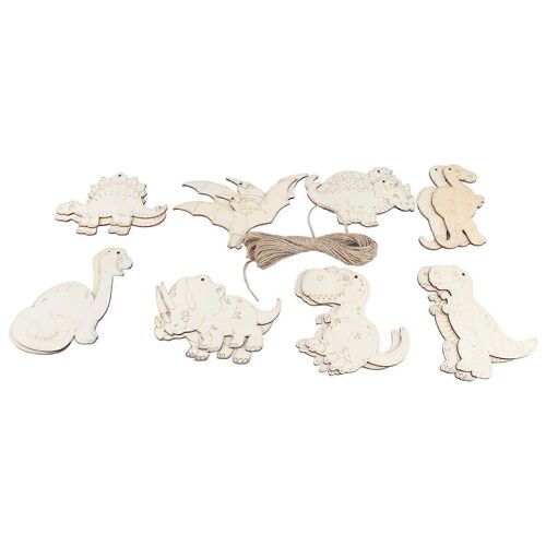 Découpes en bois de dinosaure inachevé mignon en bois bricolage peinture artisanat ornements pour la décoration de fête à la maison Dinosaure mixte avec trou, corde de chanvre de 10 m, 16 pièces par p