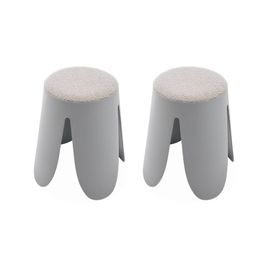 Set De 2 Tabourets Empilables Gris Clairs. Bouclette Texturée. Niki. Ø30 / 44 X H46cm