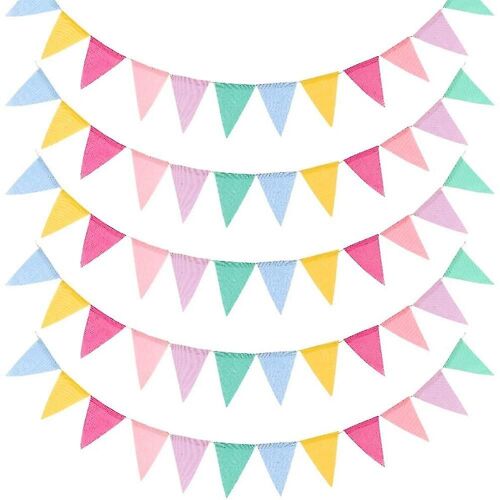 5pcs Drapeaux multicolores Imité Jute Bunting Bannière Pastel Arc-en-ciel Décor Tissu Triangle Flag