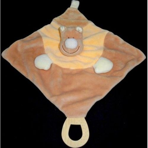 Doudou Peluche Ours Ralph Jollybaby Plat Carré Beige Orange Nez Blanc Anneau De Dentition