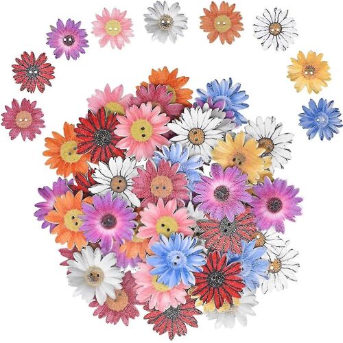 50 Pcs Boutons De Fleurs En Bois 25mm Retro Cute Boutons Mixtes