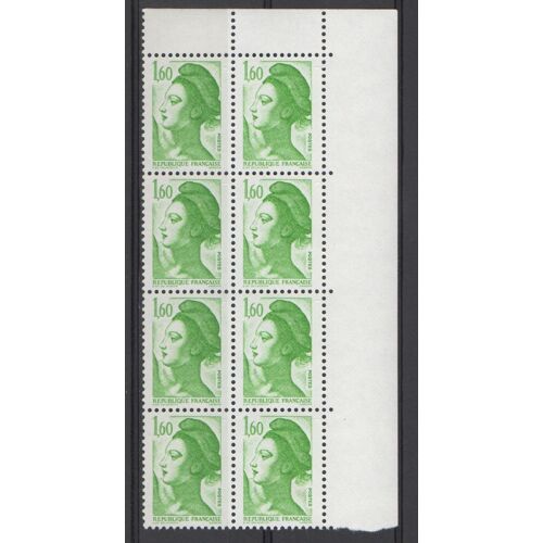 Bloc 8 Timbres France 1982 Yvert Et Tellier N°2219 Type Liberté De Gandon 1,60 Coin De Feuille Neuf**