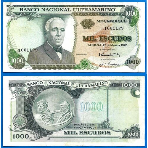 Mozambique 1000 Escudos 1972 Billet Ultramarine Colonie Portugal Coutinho Rare Sans Surcharge