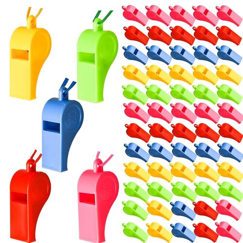 60 pièces Sifflets au néon avec des cordons Sifflets multicolores en plastique Sports et enfants Party Bag Fillers