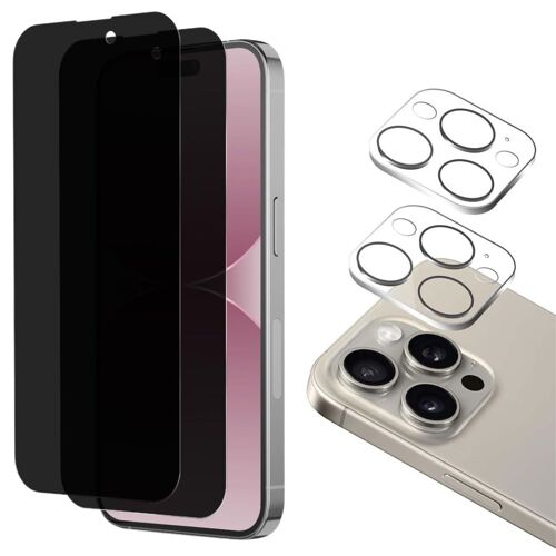 Verre Trempé Anti Espion pour iPhone 15 PRO MAX et Protection Caméra [Pack 2] Film Vitre Protection Phonillico®