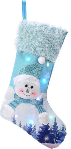 Chaussettes de Noël avec lumière LED, chaussettes de Père Noël,chaussettes de Noël à suspendre pour sapin de Noël, décorations de fête, cadeaux,Motif Bonhomme de Neige