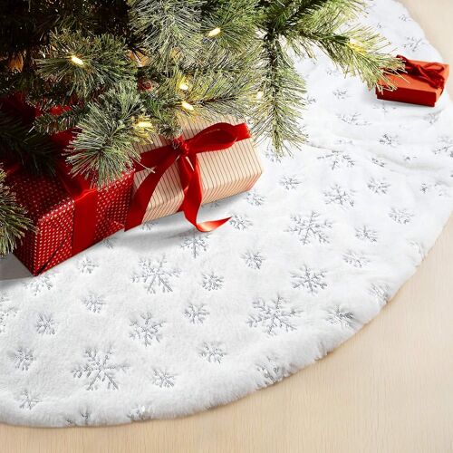 48 inches/122cm Jupe de Sapin de Noël pour Arbre de Noël Décorations de Fête de Vacances Blanc en Peluche Argent Sequin Flocon de Neige