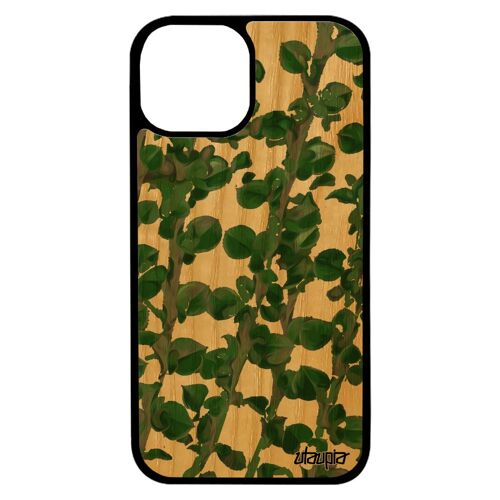 Coque pour iPhone 13 mini bois silicone motif feuilles vert artisanat smartphone fleurs housse design plantes original floral
