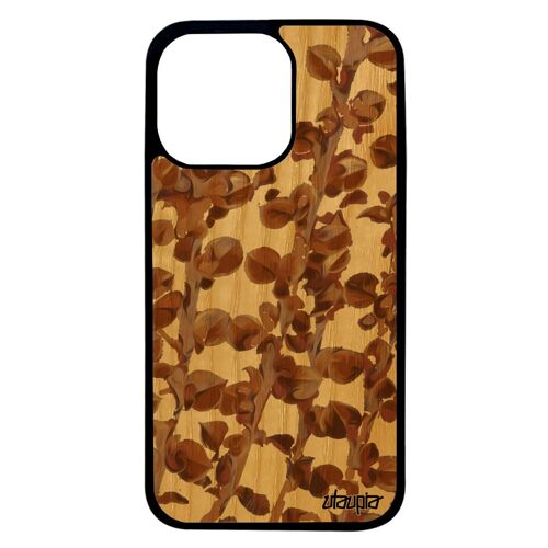 Coque Antichoc Iphone 13 Pro Bois Silicone Motif Feuilles Rigide Original Marron Texture Design Nature Fleurs Floral Plantes