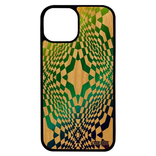 Coque silicone iPhone 13 pro max bois veritable illusion d'optique vert multicolore magique original effet arc en ciel losange