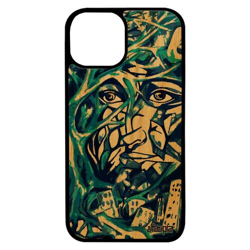 Coque bois silicone portrait street art pour iPhone 13 mini peinture arbre immeubles original cadeau 4G bleu fait main housse
