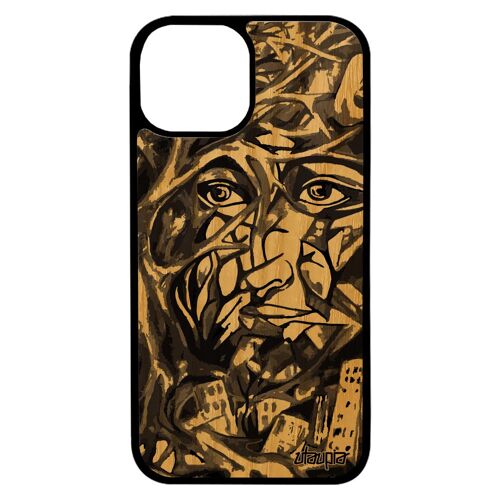 Coque En Bois Silicone Iphone 13 Mini Portrait Street Art Case Original Homme Arbre Abstrait Telephone Immeubles Noir Cover De