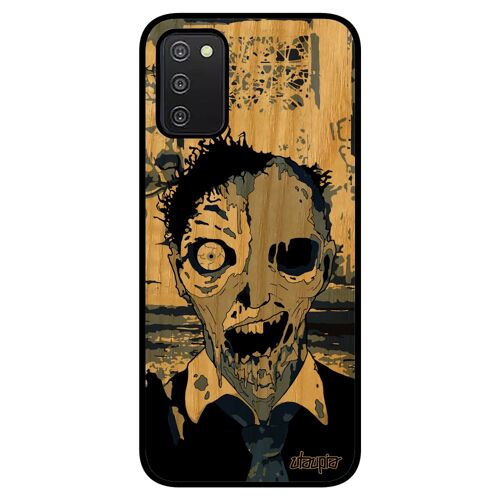 Coque en bois antichoc A03S silicone mort vivant fin du monde ville zombie Bleu horreur unique personnalisé squelette Samsung galaxy