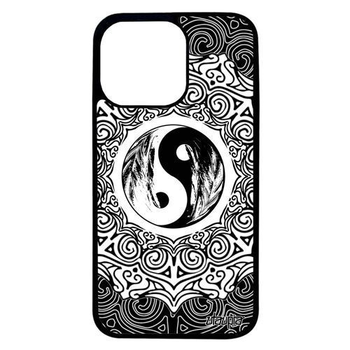 Coque Yin et Yang iPhone 13 pro silicone noir et blanc solide de protection plume telephone mandala harmonie artistique housse