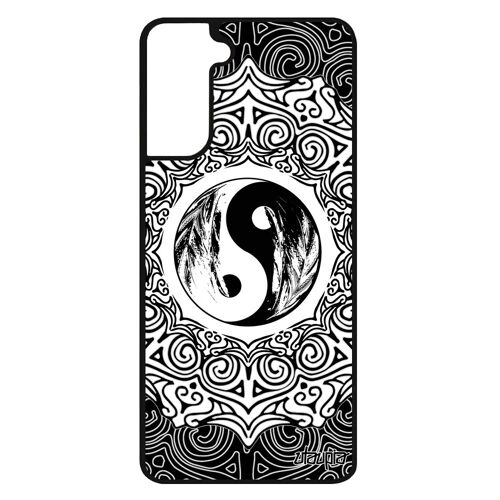 Coque pour Samsung Galaxy S21 FE silicone Yin et Yang Noir plume mandala telephone coloré fantaisie noir et blanc rosace case mobile