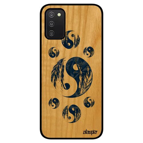 Coque bois Yin et Yang rigide pour Samsung A03S silicone masculin feminin image antichoc bien & mal case plume unique Bleu de galaxy