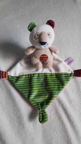 Doudou Koala Avec Son Mouchoir Beige Ecru Rayé Vert