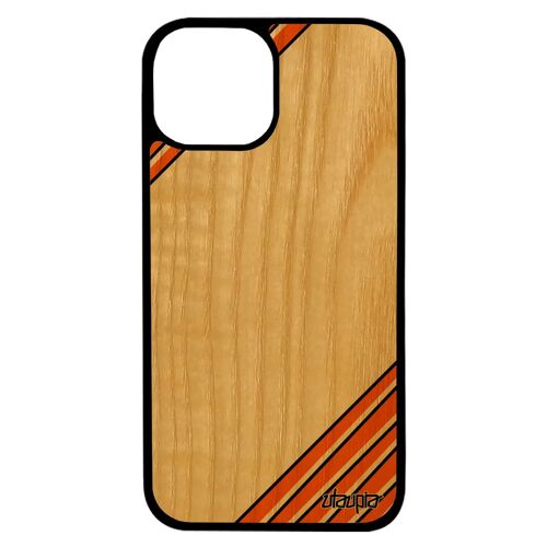 Coque Iphone 13 En Bois Veritable Silicone Moderne Geometrique Rigide Orange Contemporain Design Housse Fond Jolie Motif Effet
