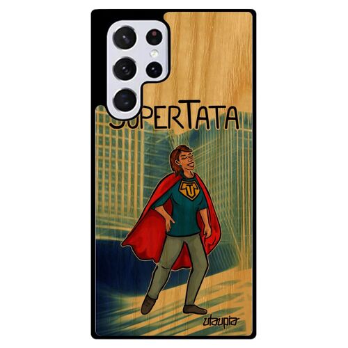 Coque bois Galaxy S22 Ultra silicone super tata humour heros smartphone bande dessinée bleu unique comics case tante enfant Samsung