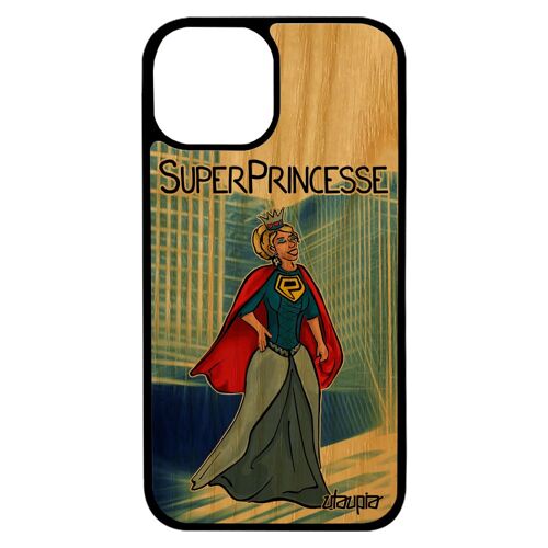 Coque bois pour iPhone 13 mini silicone super princesse caoutchouc bleu etui telephone humour texte comique fille case drole