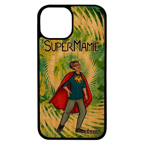 Coque iPhone 13 pro max bois silicone super mamie cadeau de noel antichoc portable texte comics vert grand mere mamy pas cher