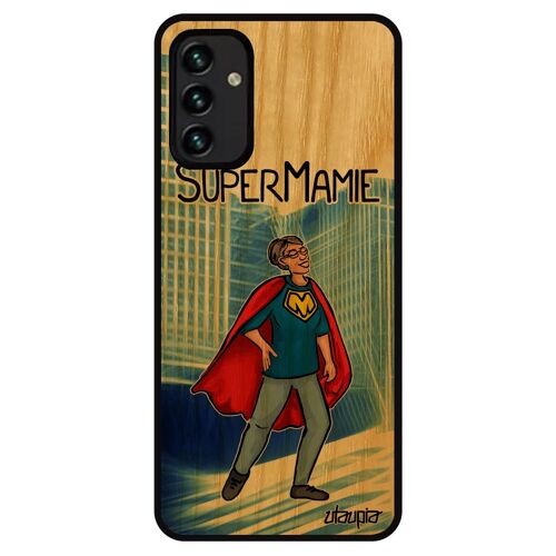 Coque en bois Samsung A13 4G silicone super mamie comique drole grand mere etui portable comics bleu enfant texte made in France galaxy