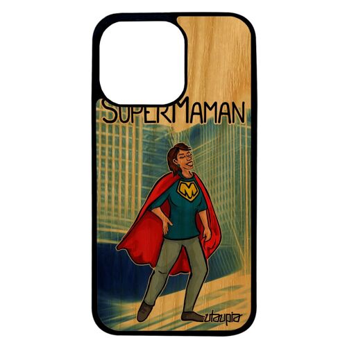 Coque Silicone De Protection Pour Iphone 13 Pro En Bois Super Maman Rigide Enfant Mere Texte Bande Dessinée Antichoc Telephone
