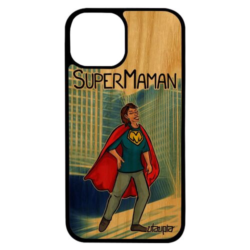 Coque bois iPhone 13 silicone super maman enfant TPU bleu mere humour bande dessinée comique texte etui motif mobile comics de