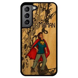 Coque Galaxy S22+ Plus Bois Silicone Super Maman Texte Rigide Bumper Bebe Dessin Humour Gris Heros Famille Portable Comique Samsung