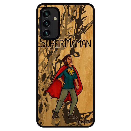 Coque super maman Galaxy A13 4G bois naturel silicone famille housse heros TPU comics mere 4G antichoc gris bebe made in France Samsung