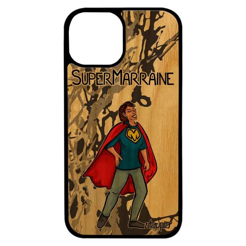 Coque pour iPhone 13 mini en bois et silicone super marraine comics unique humour smartphone gris telephone TPU comique dessin