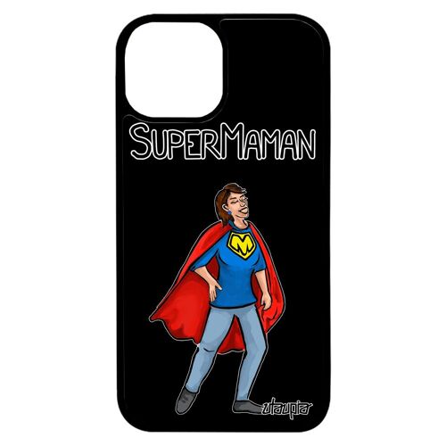 Coque pour iPhone 13 mini silicone super maman mere comics unique humour enfant heros portable 4G texte noir telephone drole