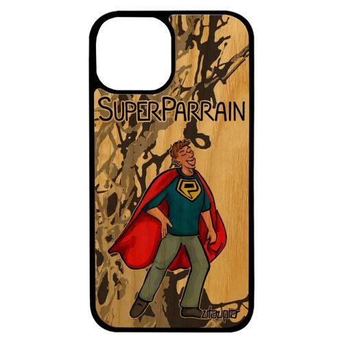 Coque super parrain pour iPhone 13 mini bois silicone texte dessin portable noir motif drole telephone bebe 4G comique heros